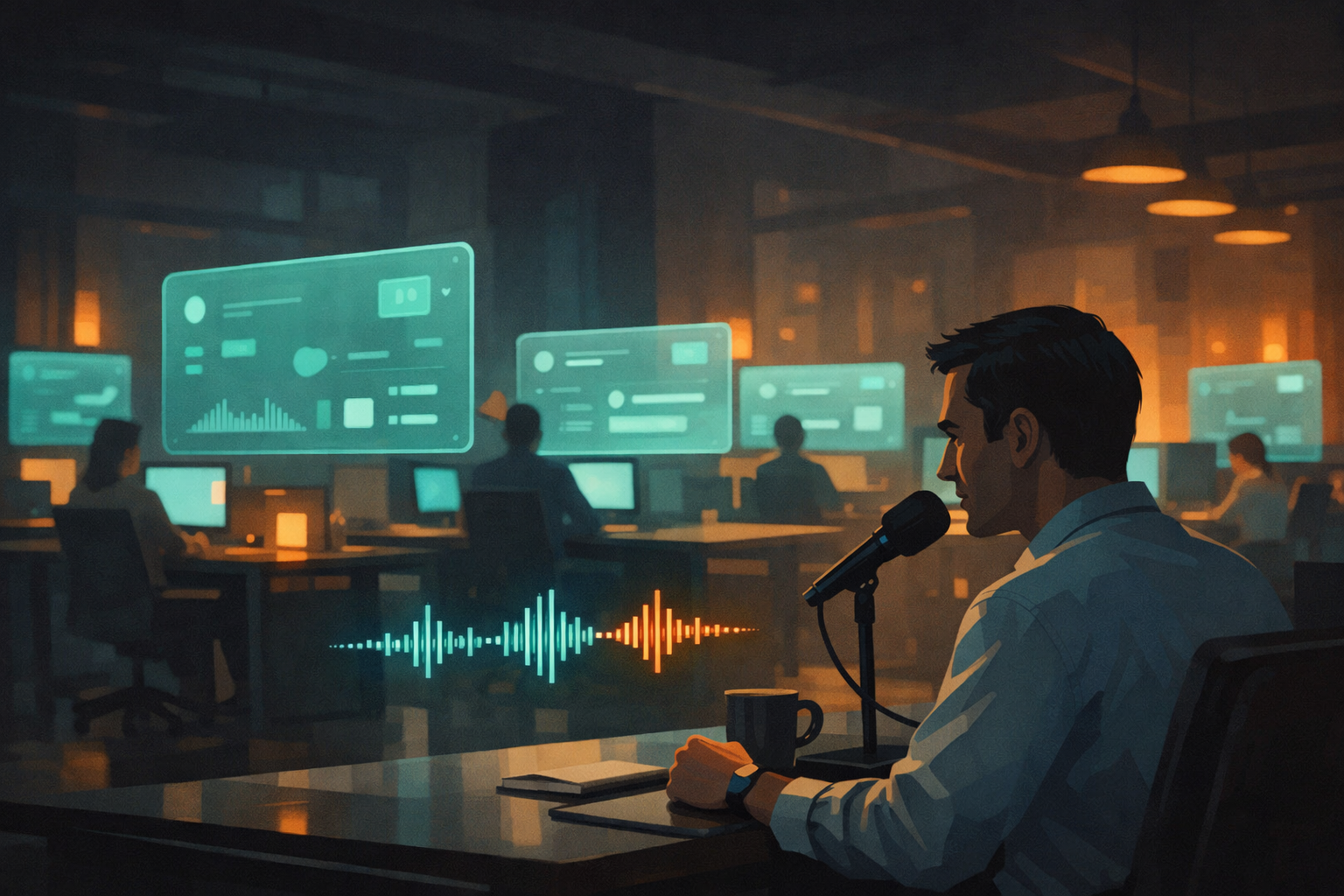 Enterprise office with AI agent interfaces and voice input visualization