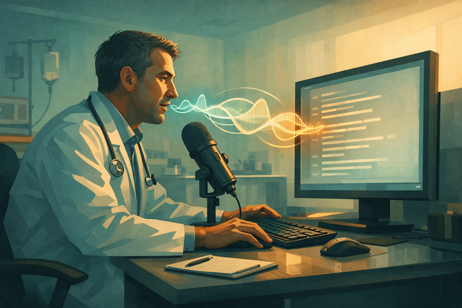 Doctor dictating clinical notes into a Windows PC with voice waveform visualization