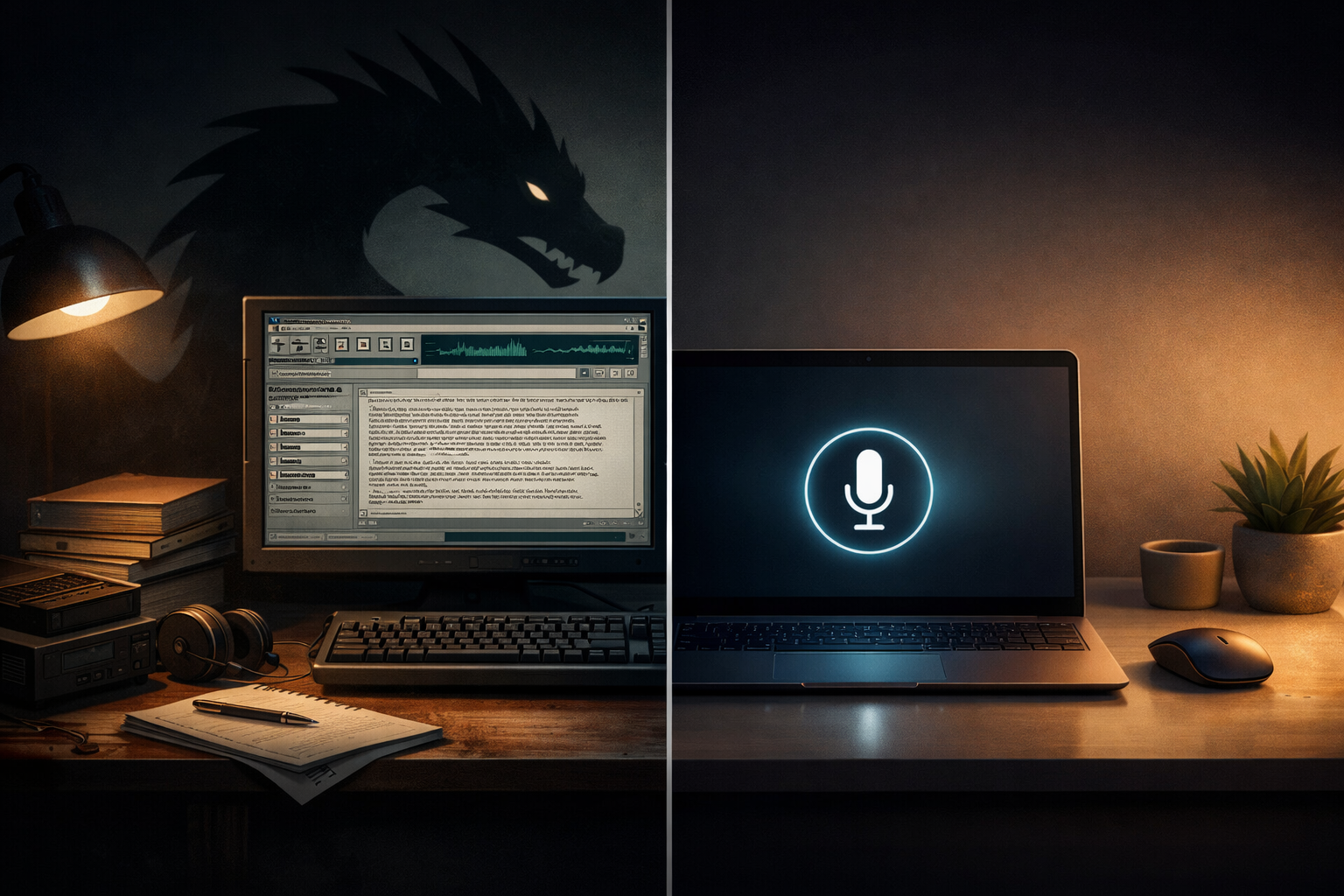 Split-screen comparison of legacy Dragon NaturallySpeaking software vs modern Windows dictation interface