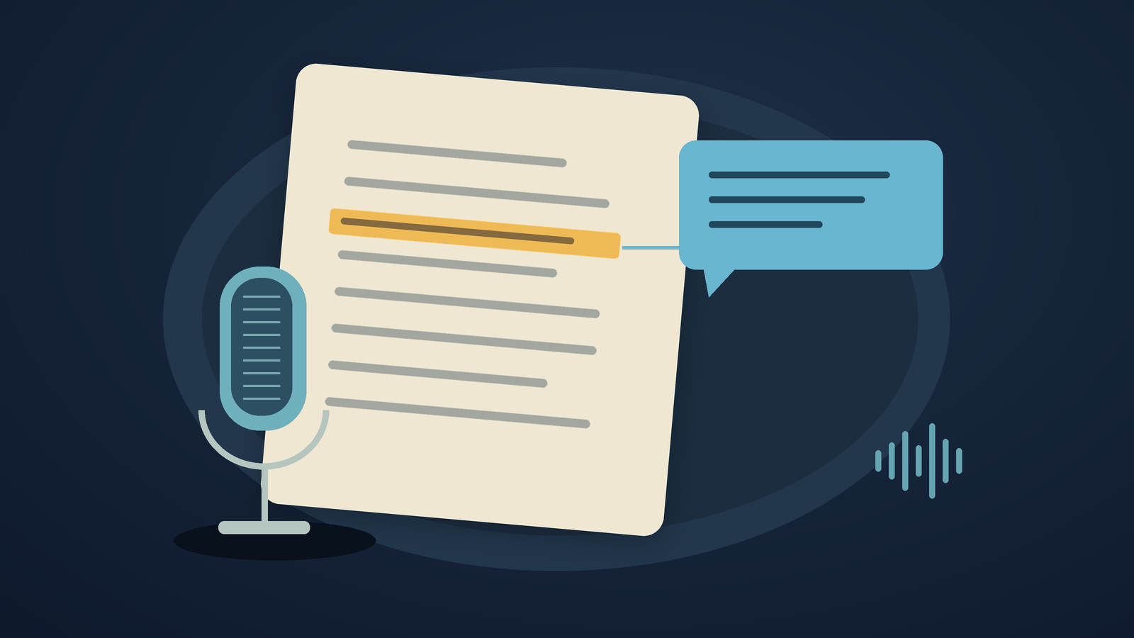 Original illustration of a PDF passage linked to a separate comment bubble beside a microphone