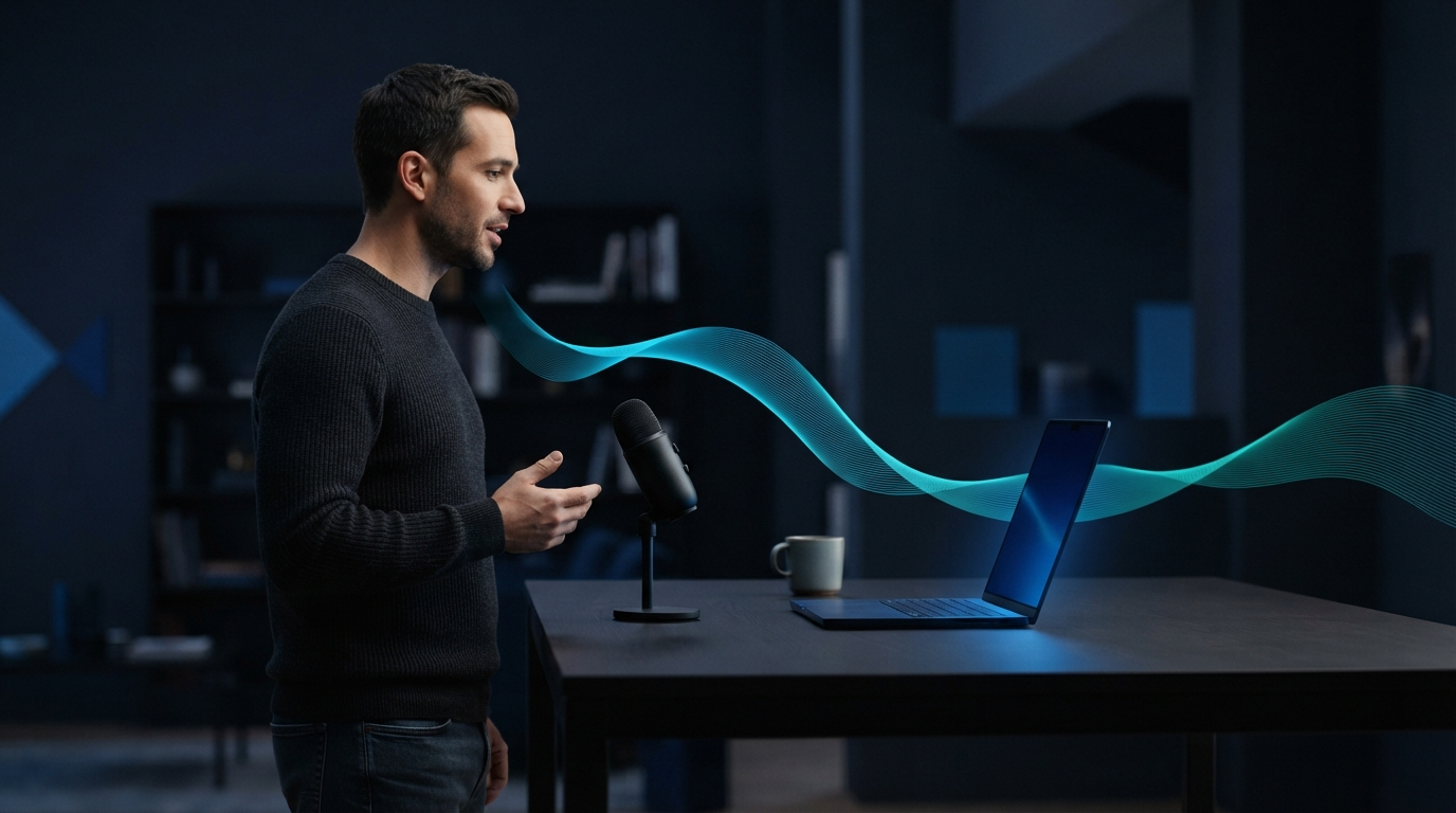 Developer speaking to a coding agent through a microphone with two-way audio waves