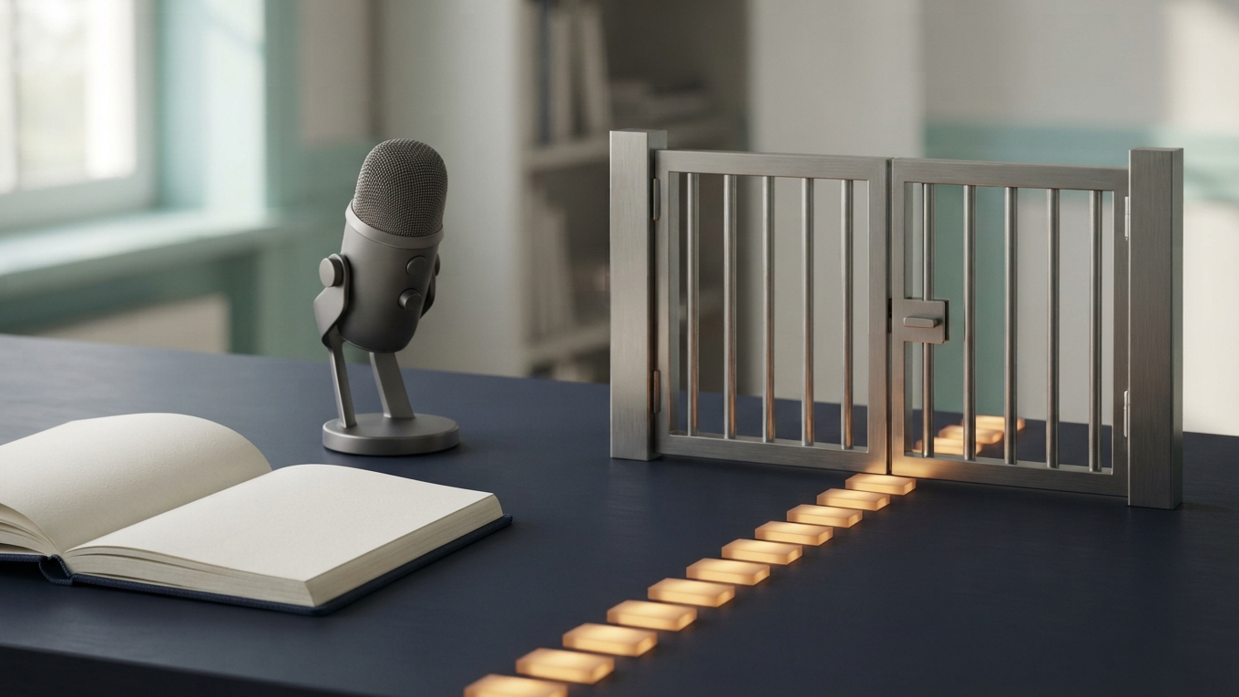 Blank notebook and unbranded microphone beside a miniature gate limiting a path of amber blocks