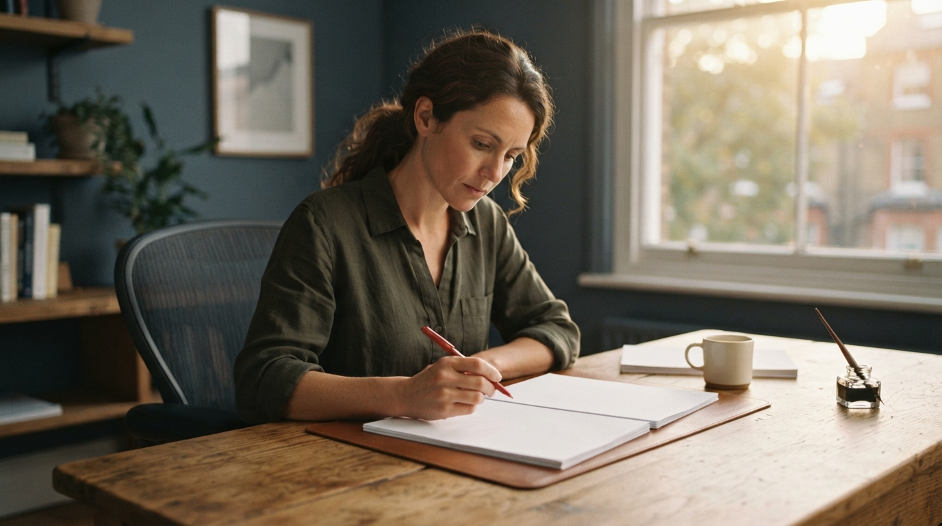 An editor reviewing blank pages at a desk