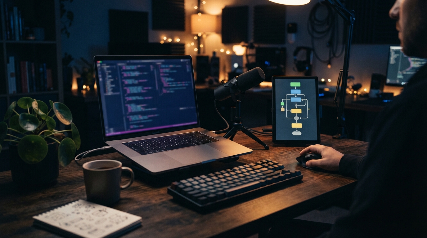 Developer workspace with a microphone and an abstract software pipeline