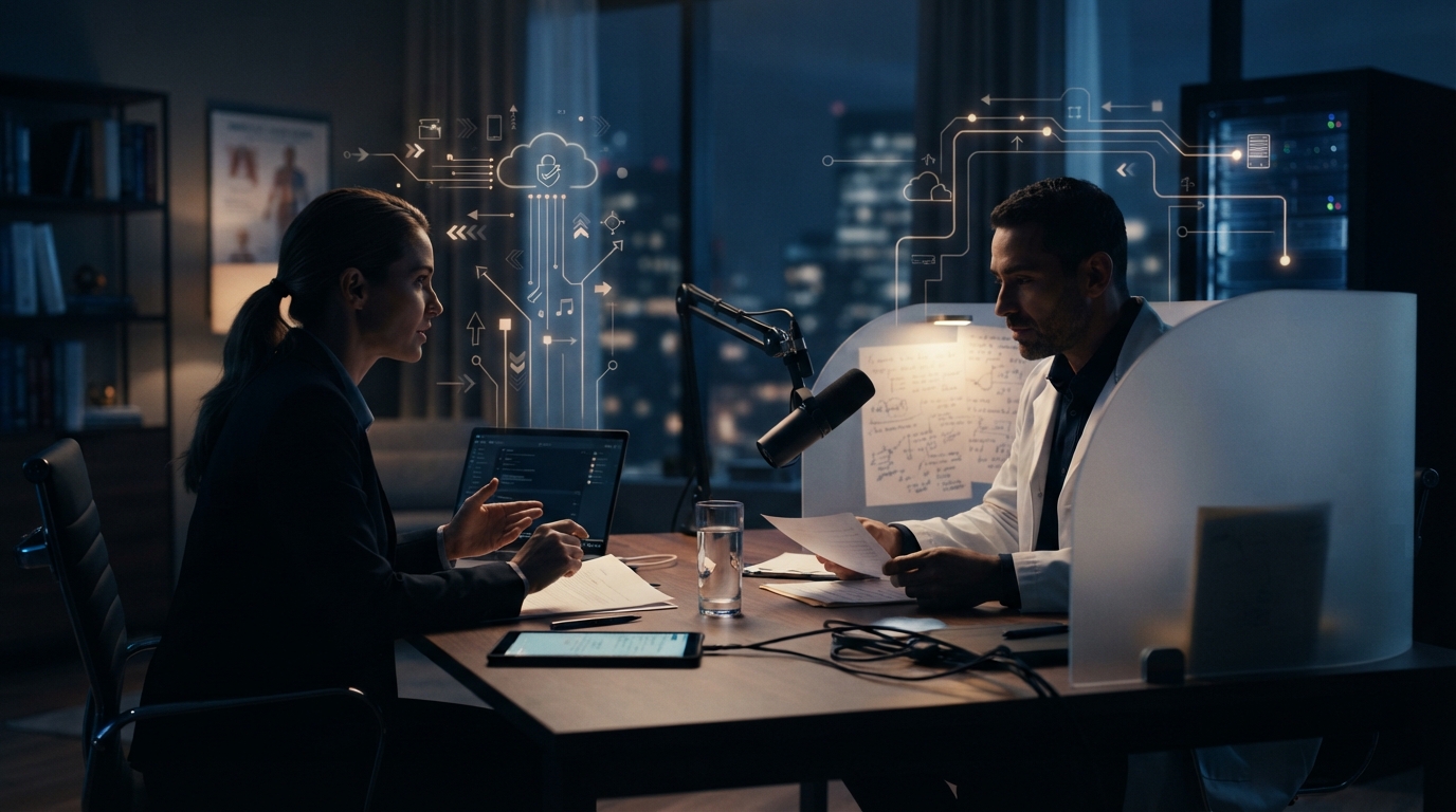 Professionals using microphones with an abstract privacy shield motif