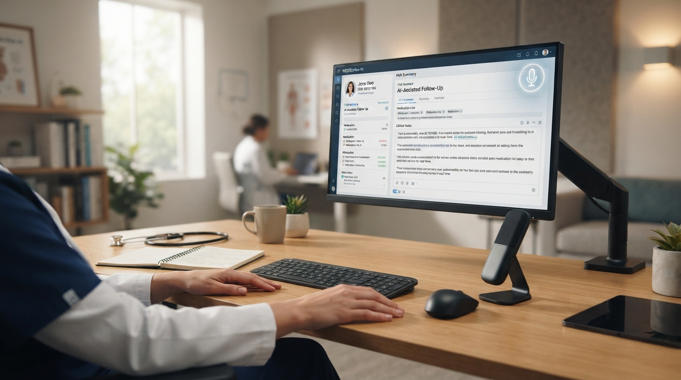 Medical professional using AI dictation software on a workstation with EHR interface