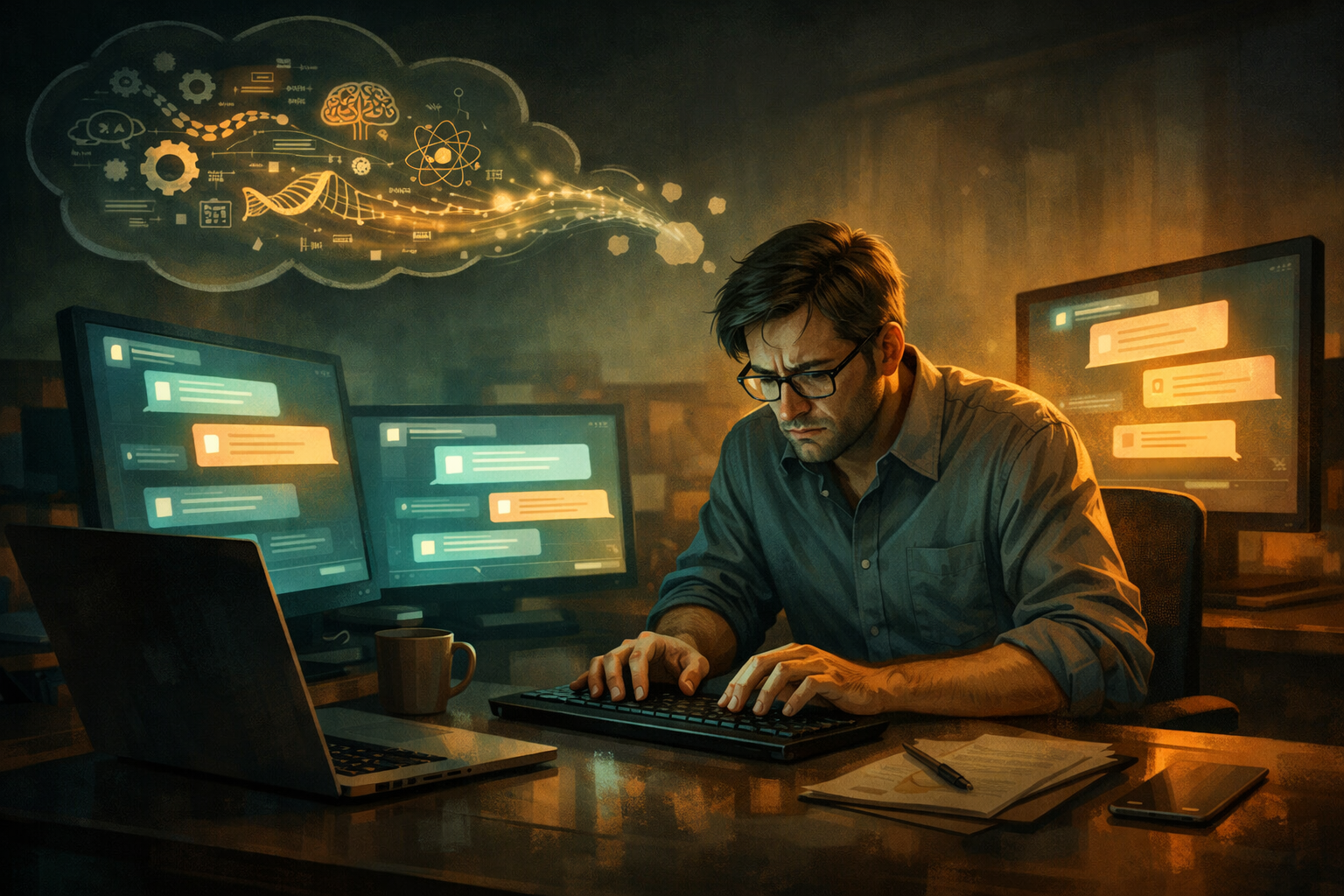 Knowledge worker surrounded by AI screens, overwhelmed by the input bottleneck