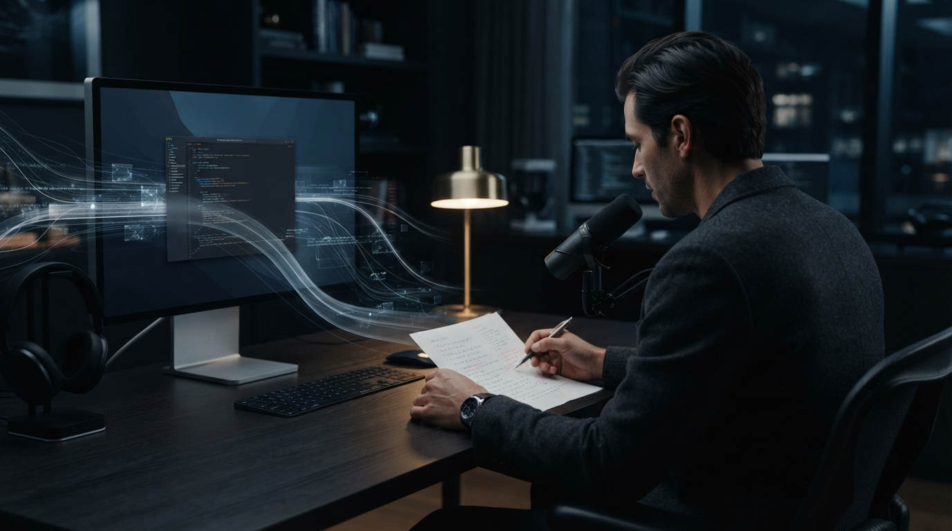 Professional using a microphone at a desk while abstract data trails leave a screen