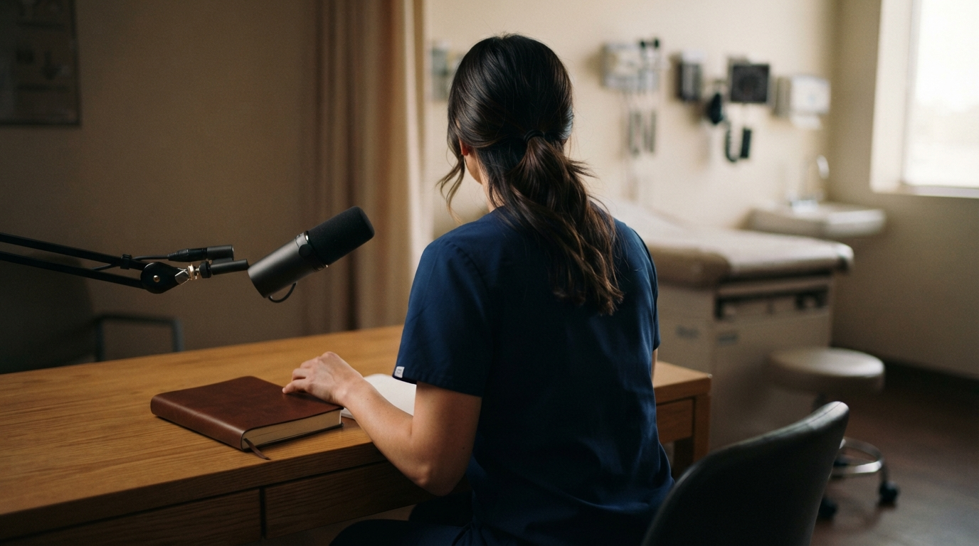 Clinician pausing beside a microphone in a quiet examination room