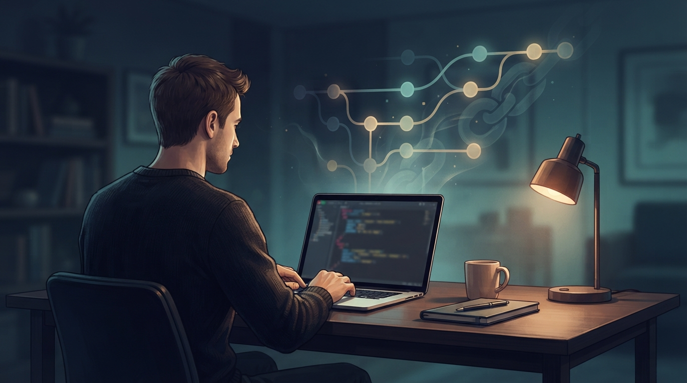 Developer reviewing a laptop with an abstract commit timeline