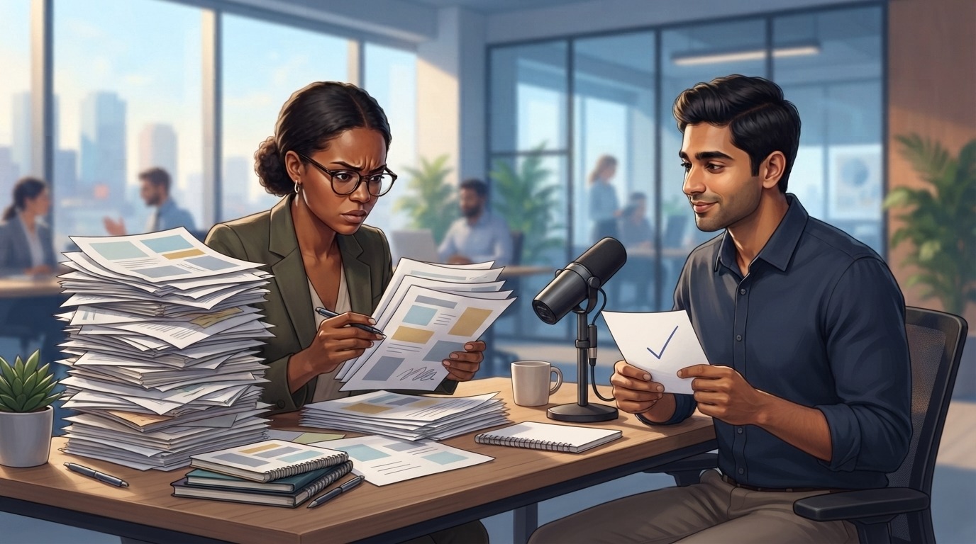 Two coworkers comparing a large stack of documents with one concise checked note beside a microphone