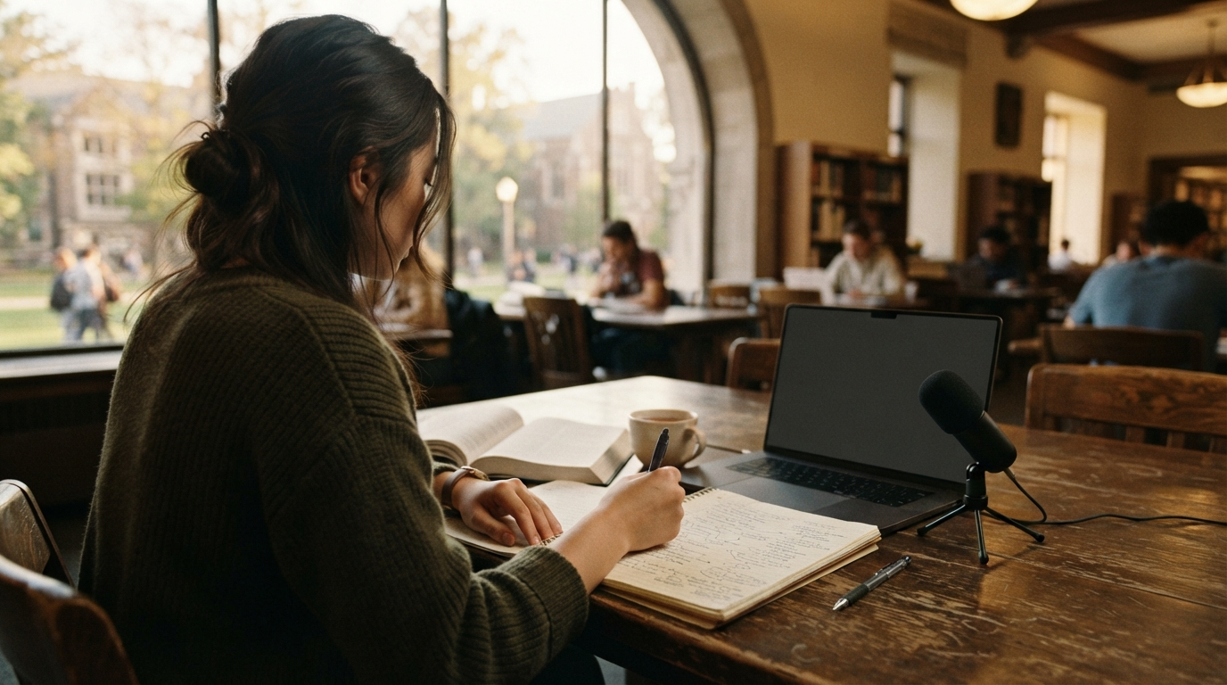 College student drafting notes beside a microphone