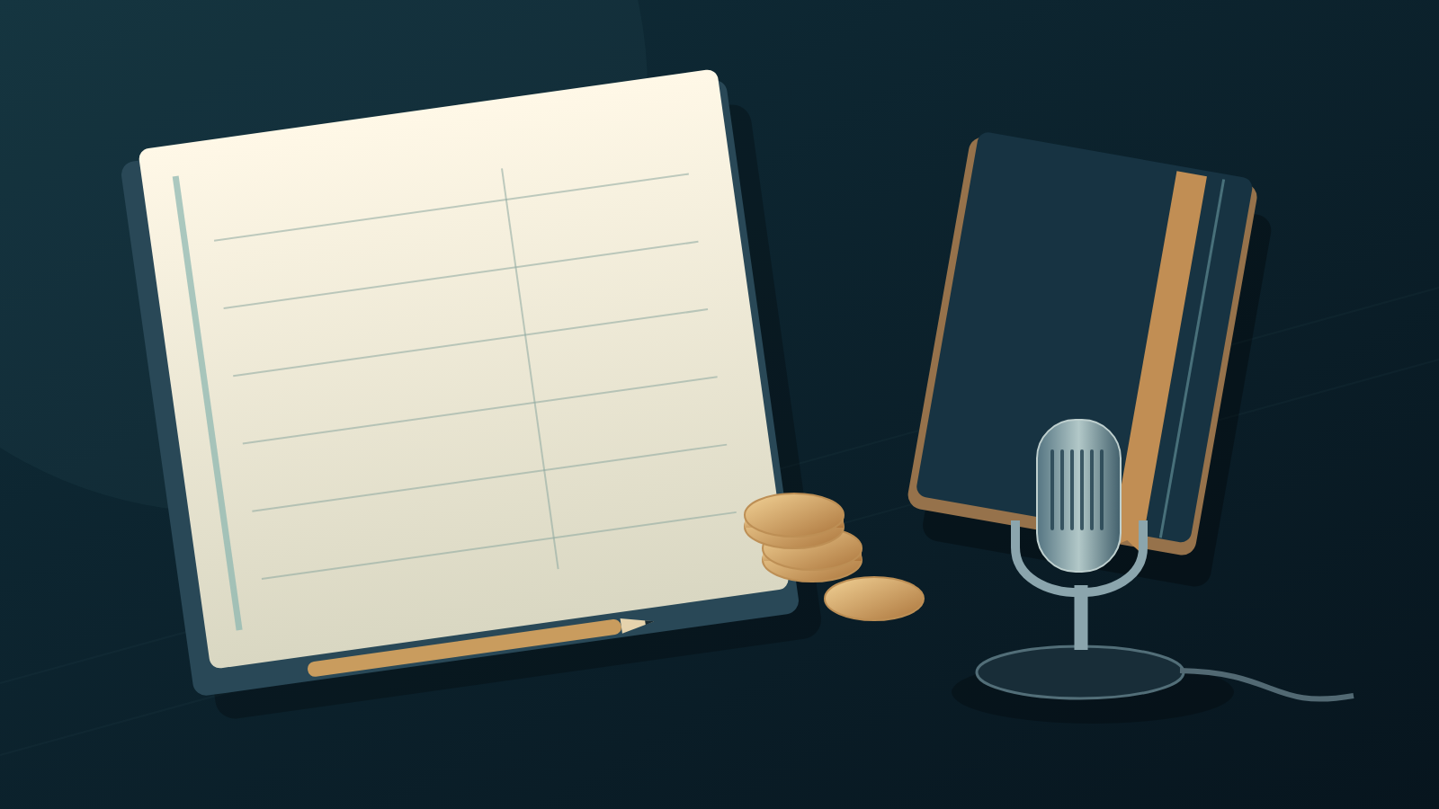 Original editorial illustration of a blank writing ledger, coins, notebook and desktop microphone