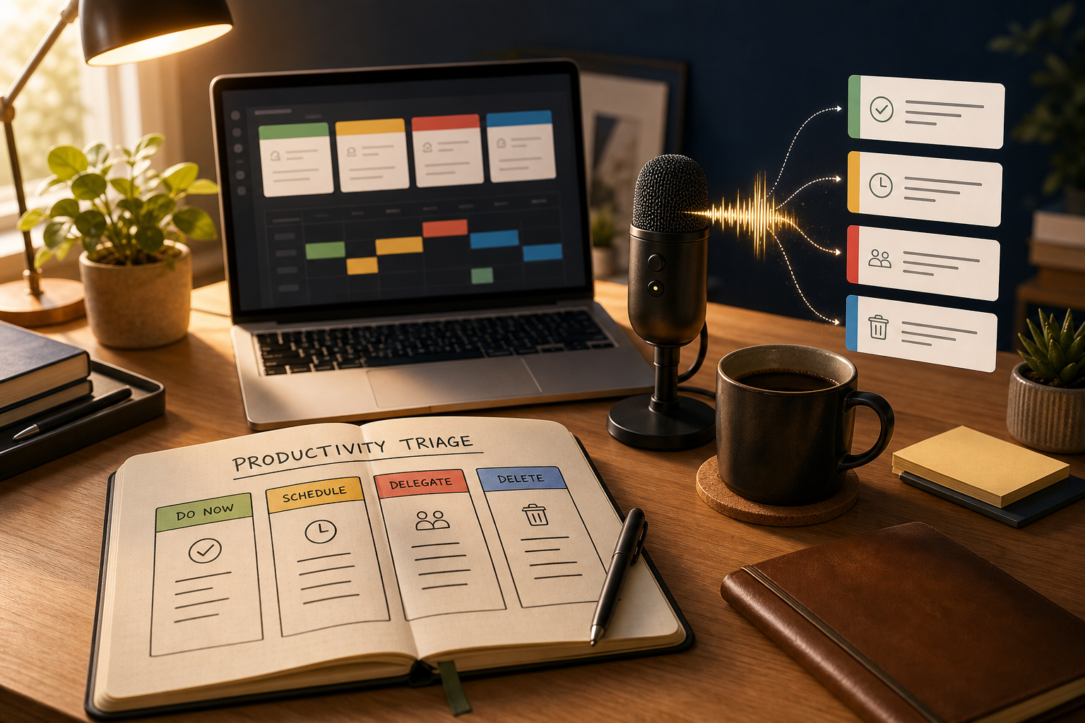 Warm productivity desk with triage notebook, laptop, microphone, and voice waveform turning tasks into organized project cards