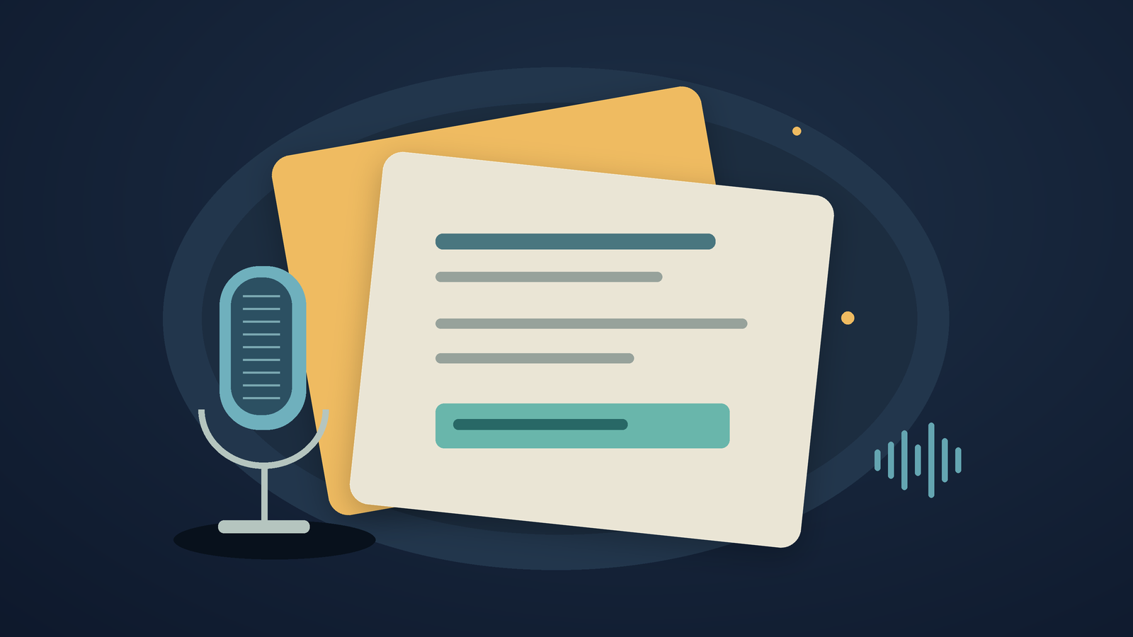 Original illustration of separate question and answer study cards alongside a microphone