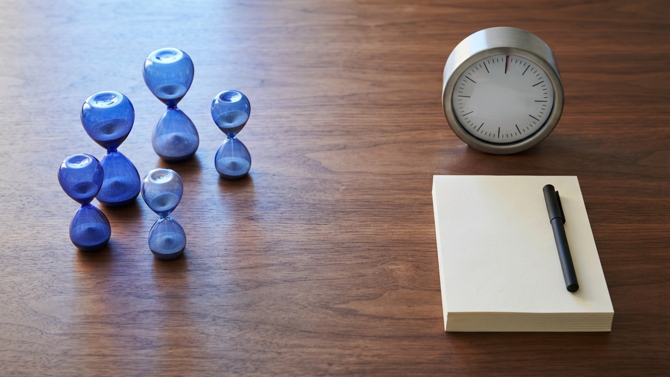 Conceptual illustration of parallel agent runtime and human document work using hourglasses, a clock and blank paper