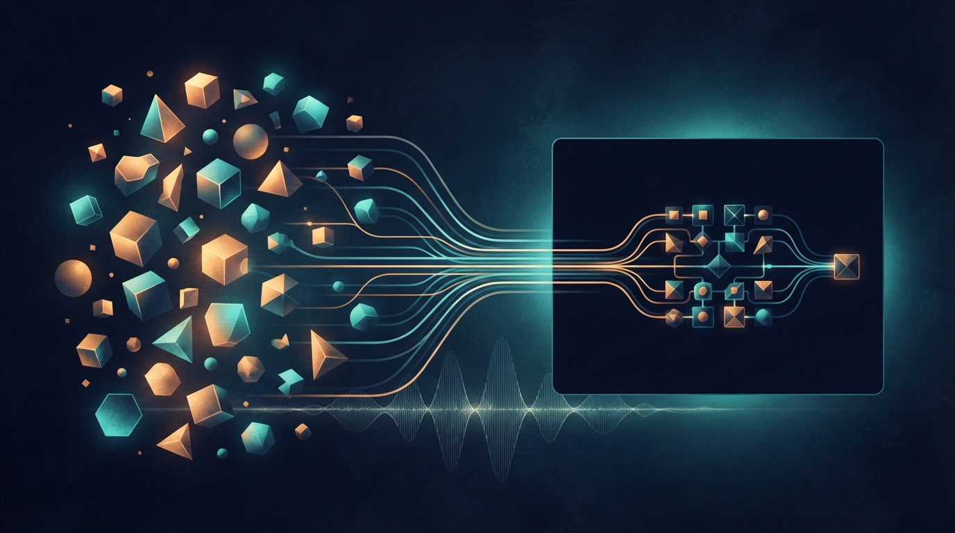 Abstract API request blocks converging into one terminal-first workflow