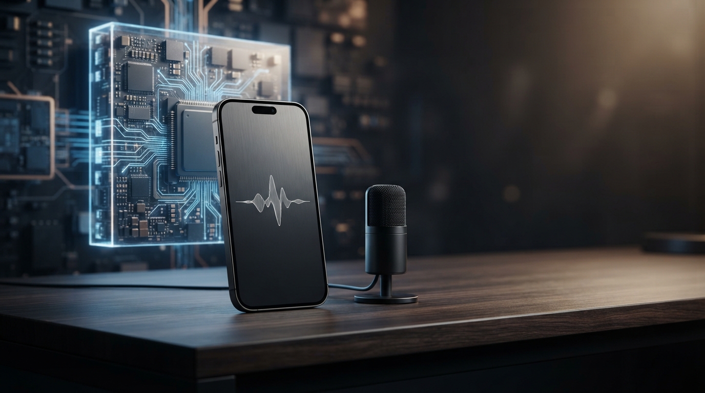 Editorial illustration of a phone, microphone, and local speech model hardware