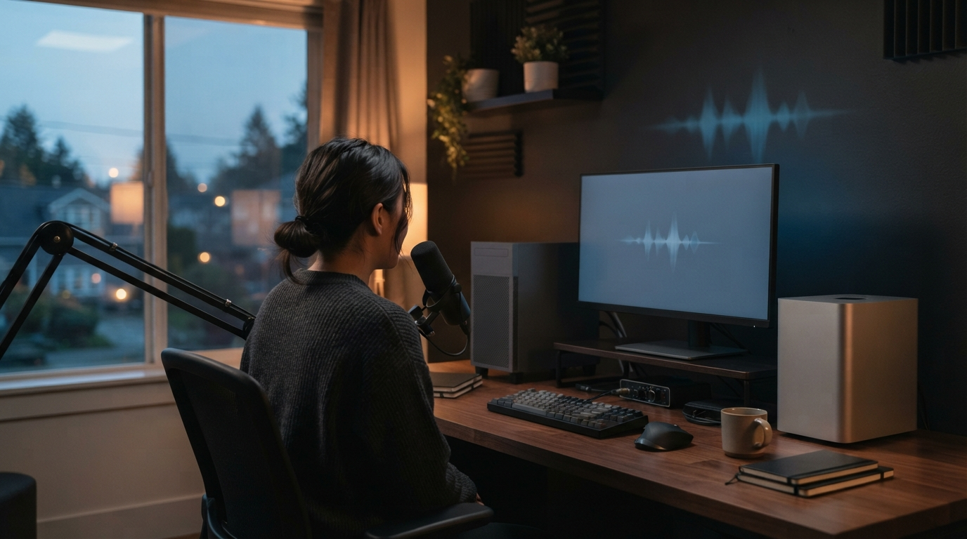 Person using an unbranded desktop dictation setup