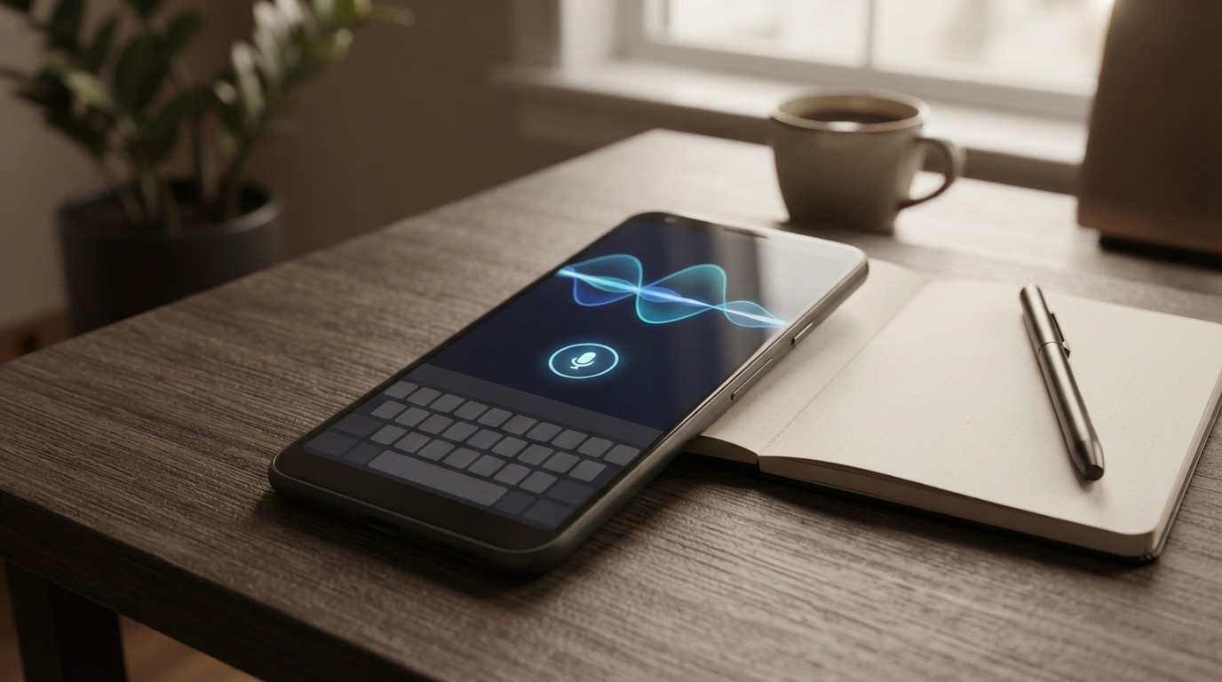 Conceptual smartphone voice input beside a keyboard and notebook