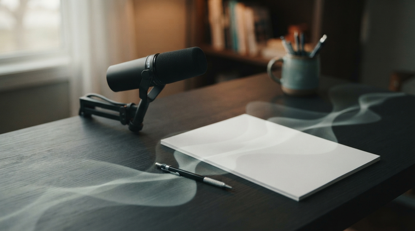 Editorial microphone and blank paper at a writing desk