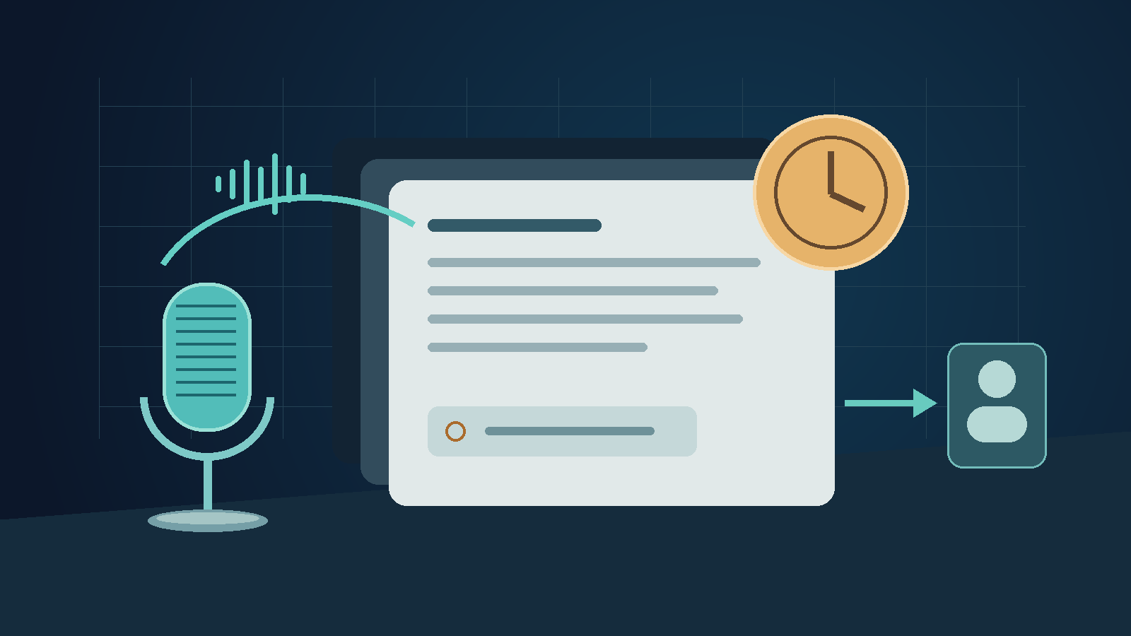 Original editorial illustration of spoken input, a written task brief, and a clock indicating pending approval