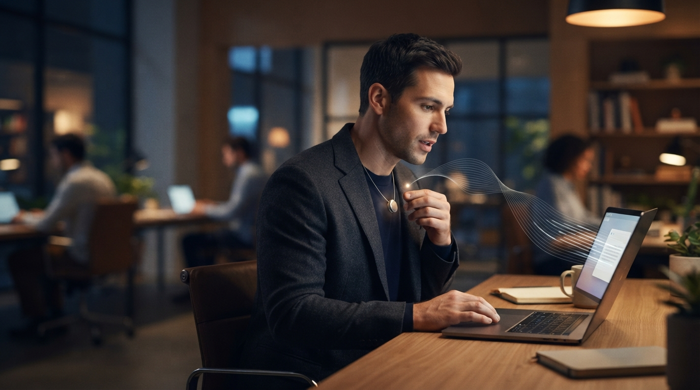 Professional speaking quietly into a wearable pendant microphone while speech flows into a laptop