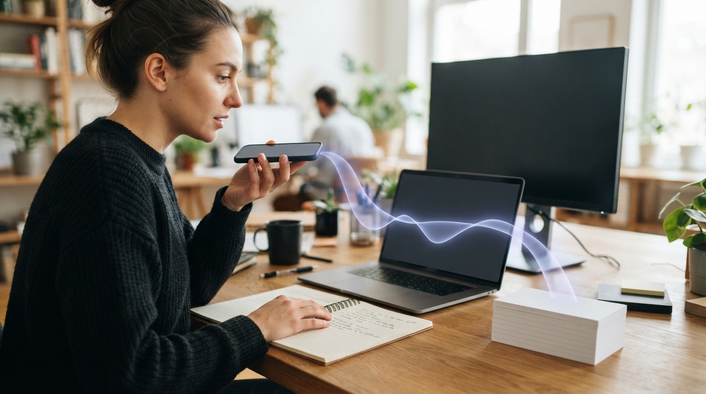 Person recording a voice note beside blank screens and a notebook