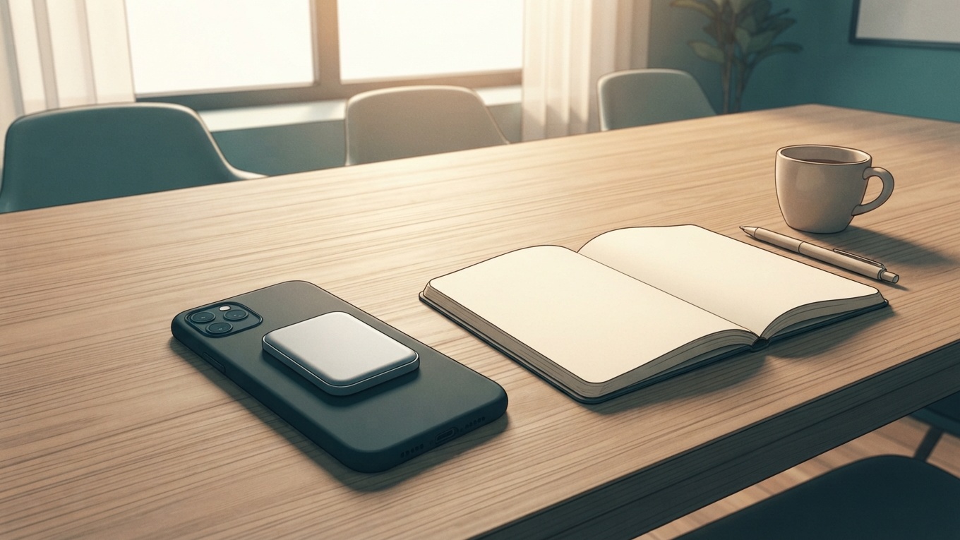 Conceptual illustration of a conversation device beside a blank notebook, not actual Bee hardware