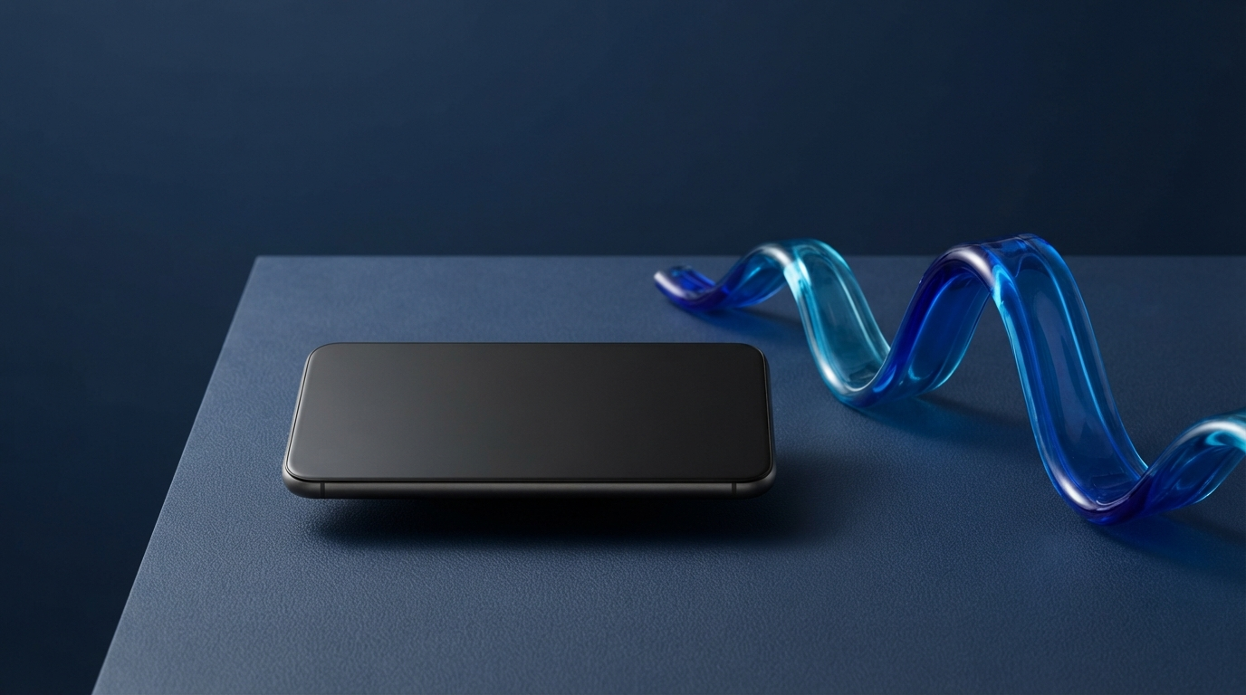 Android phone beside an abstract blue sound wave