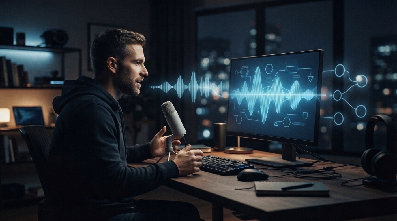 Developer using a microphone with an abstract voice automation workflow