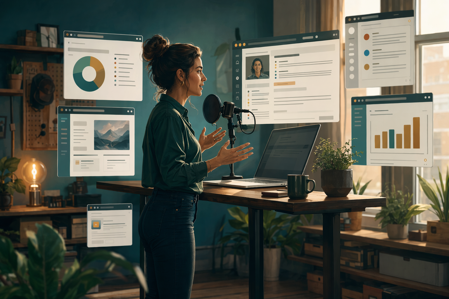 Small business owner dictating into a microphone with app windows floating around them