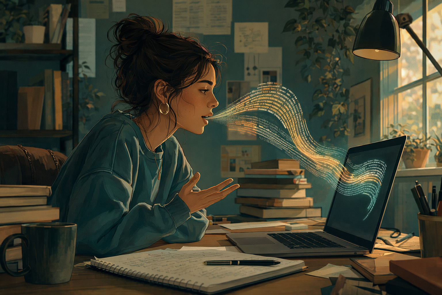College student dictating essays using AI voice recognition software on laptop