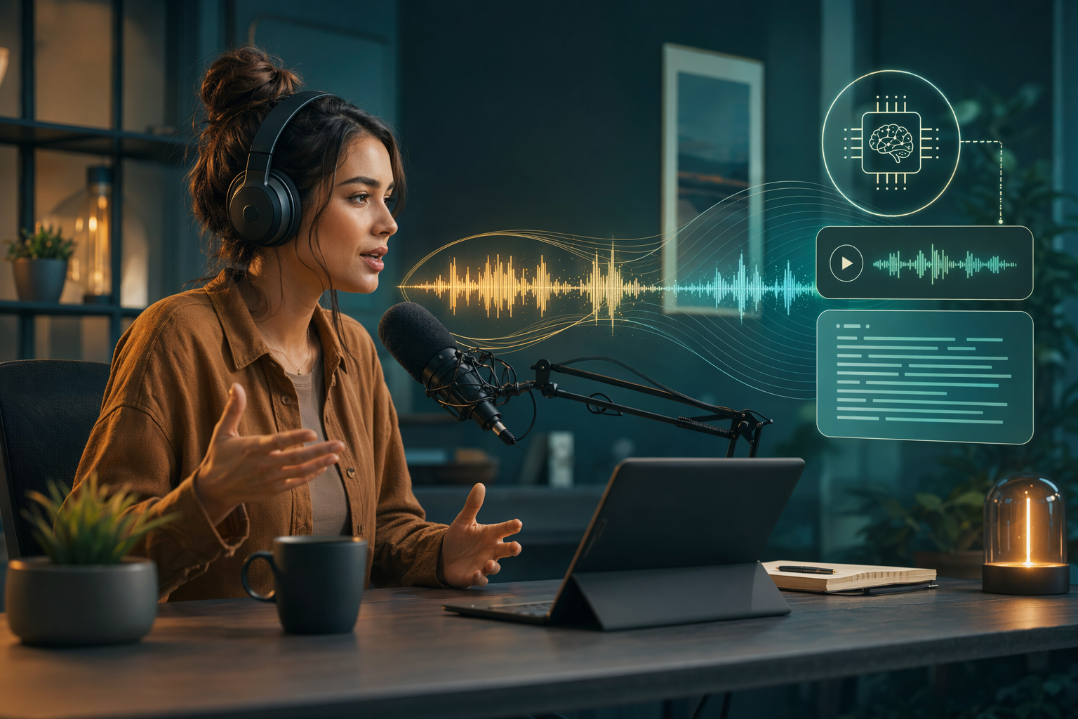 Content creator podcaster dictating with AI voice recognition software