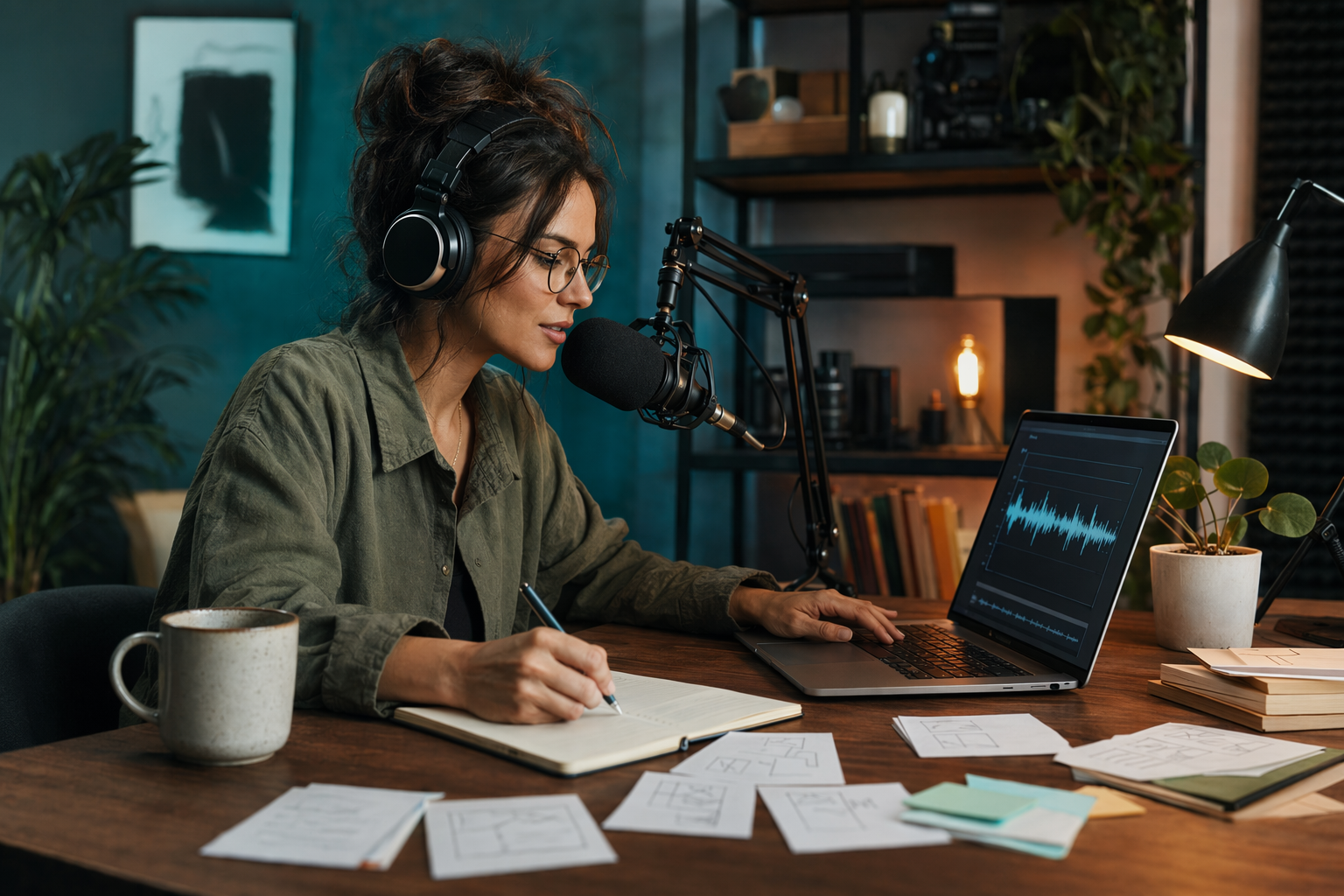 Podcaster dictating show notes at a desk