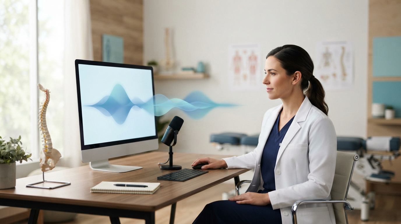 Chiropractor using voice dictation beside a microphone and anatomical spine model in a modern clinic