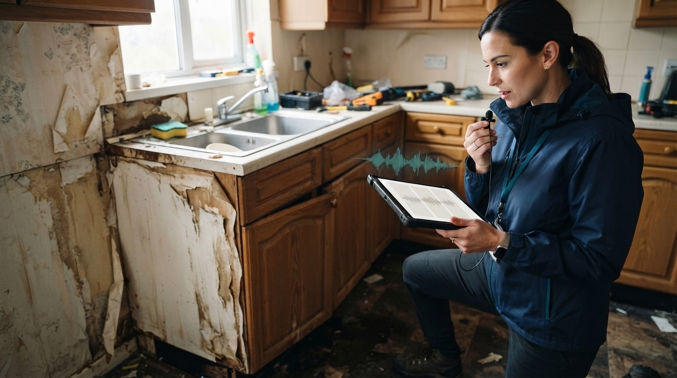Insurance claims adjuster using voice dictation while documenting water damage in a kitchen