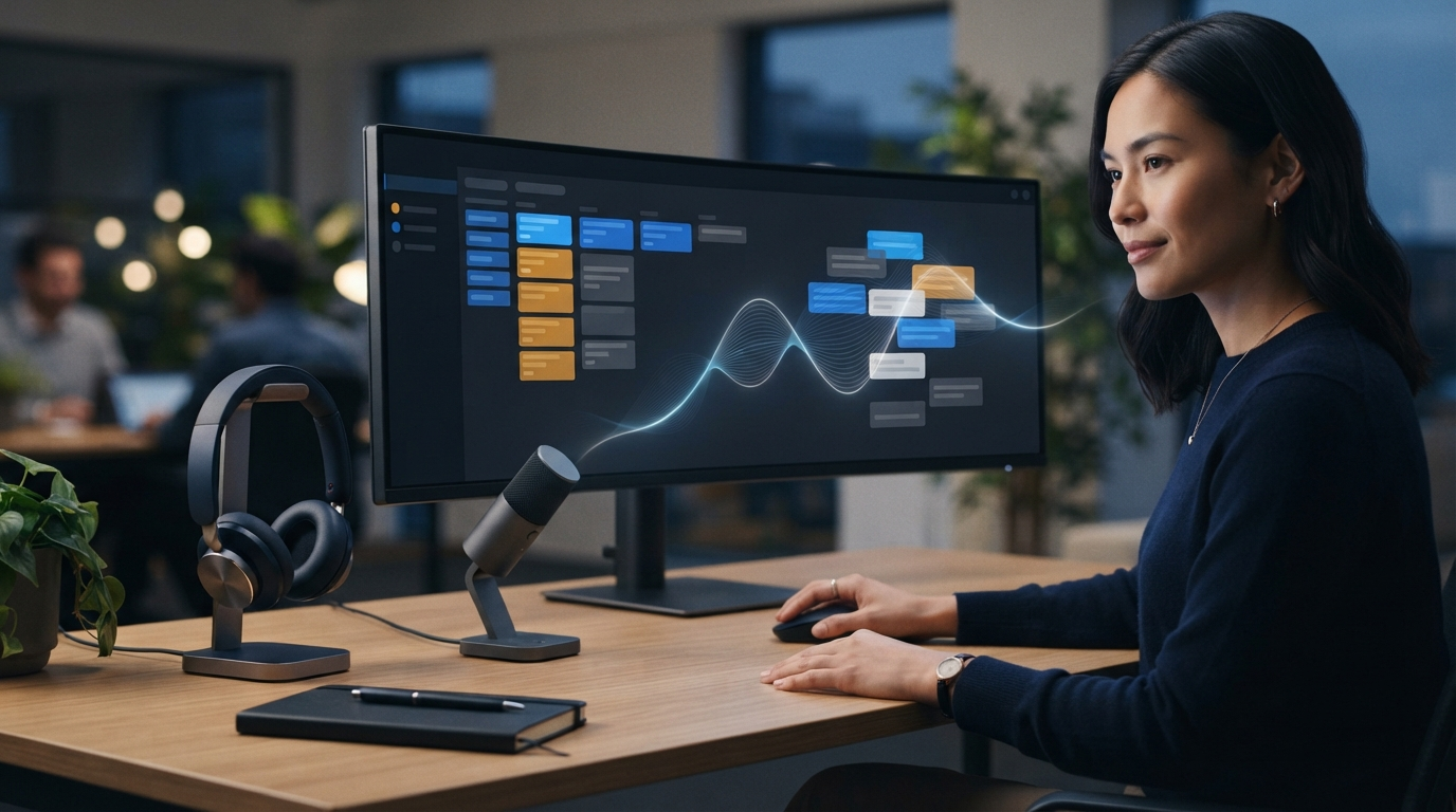 Customer support workstation with headset, microphone, abstract ticket cards, and an audio waveform