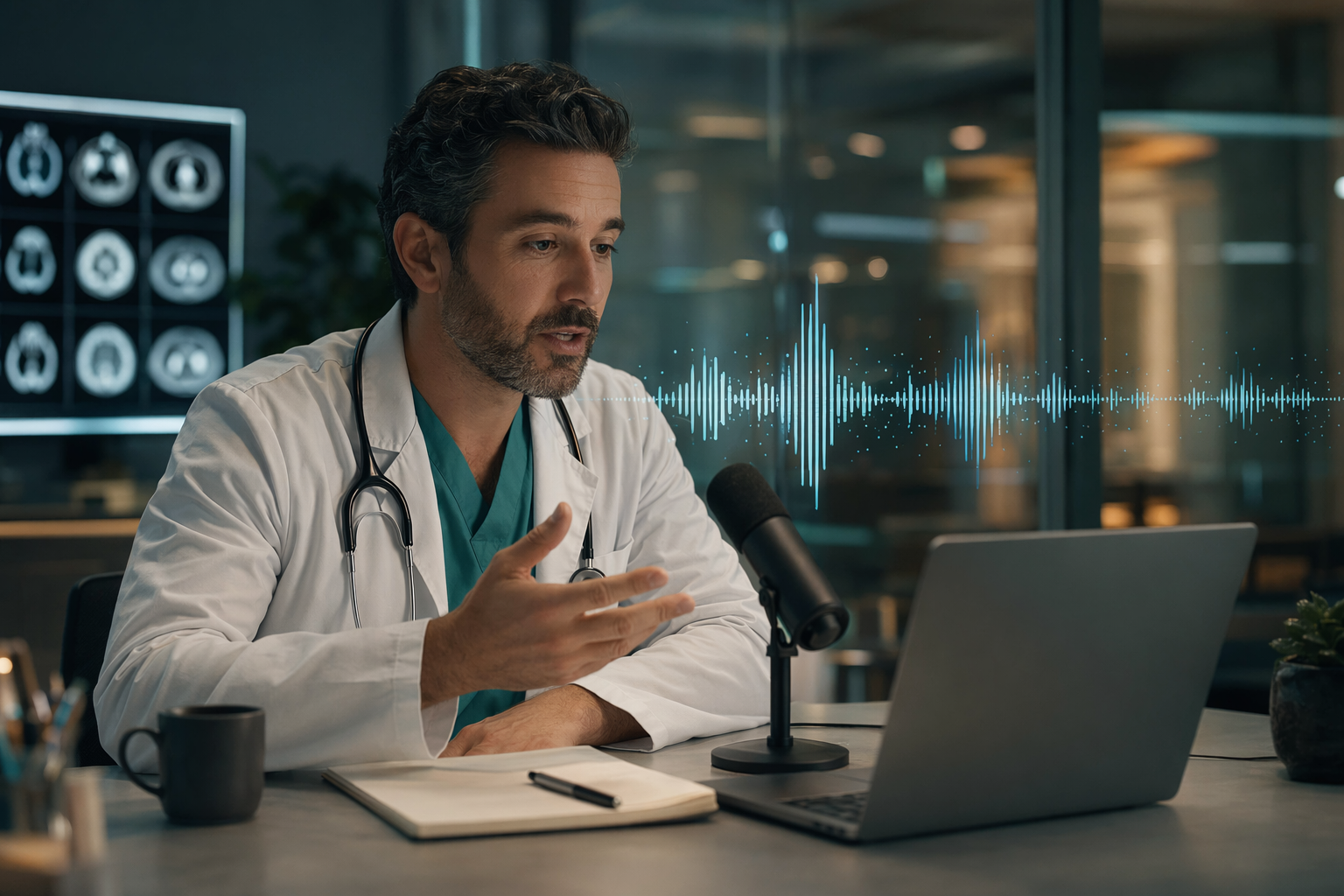 Doctor dictating medical notes using AI voice recognition software
