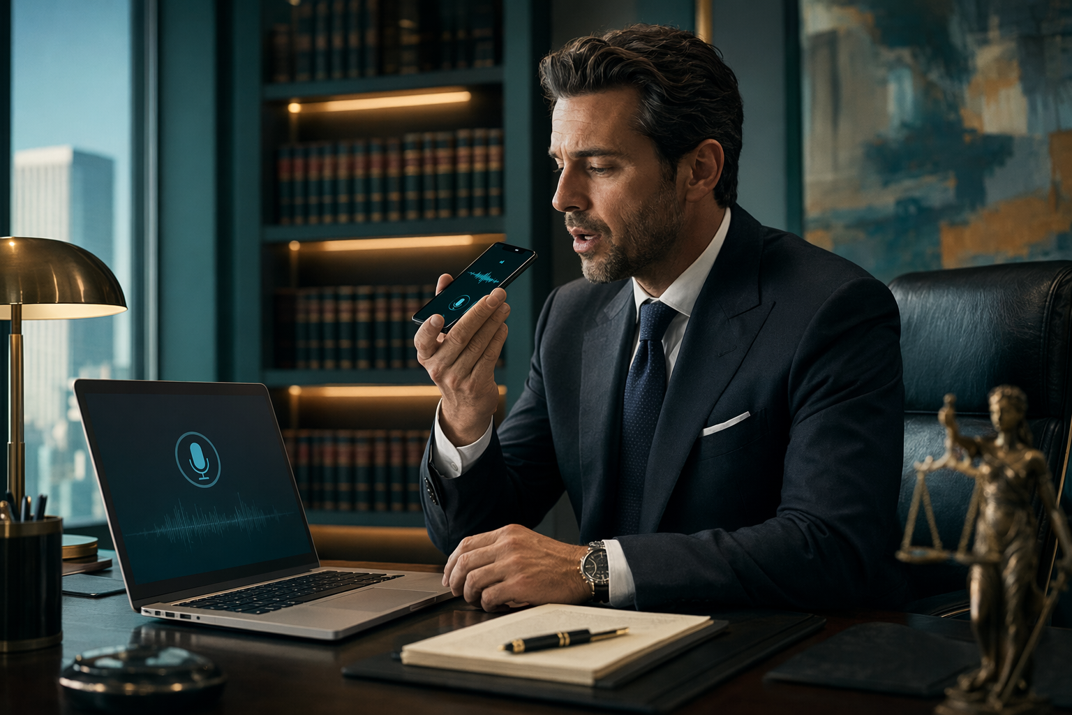 Lawyer dictating legal notes using AI voice recognition software on laptop and iPhone