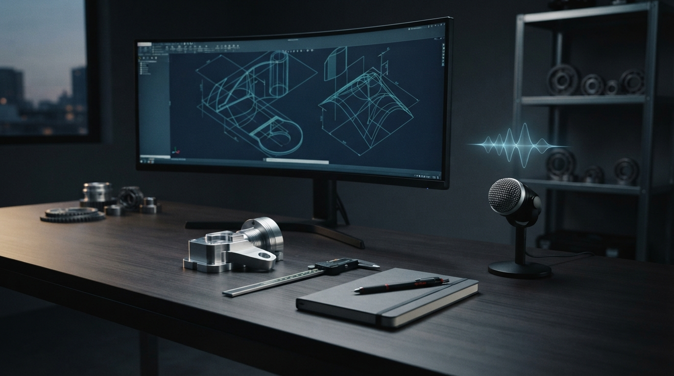 Mechanical engineering desk with CAD geometry, precision tools, and a voice microphone