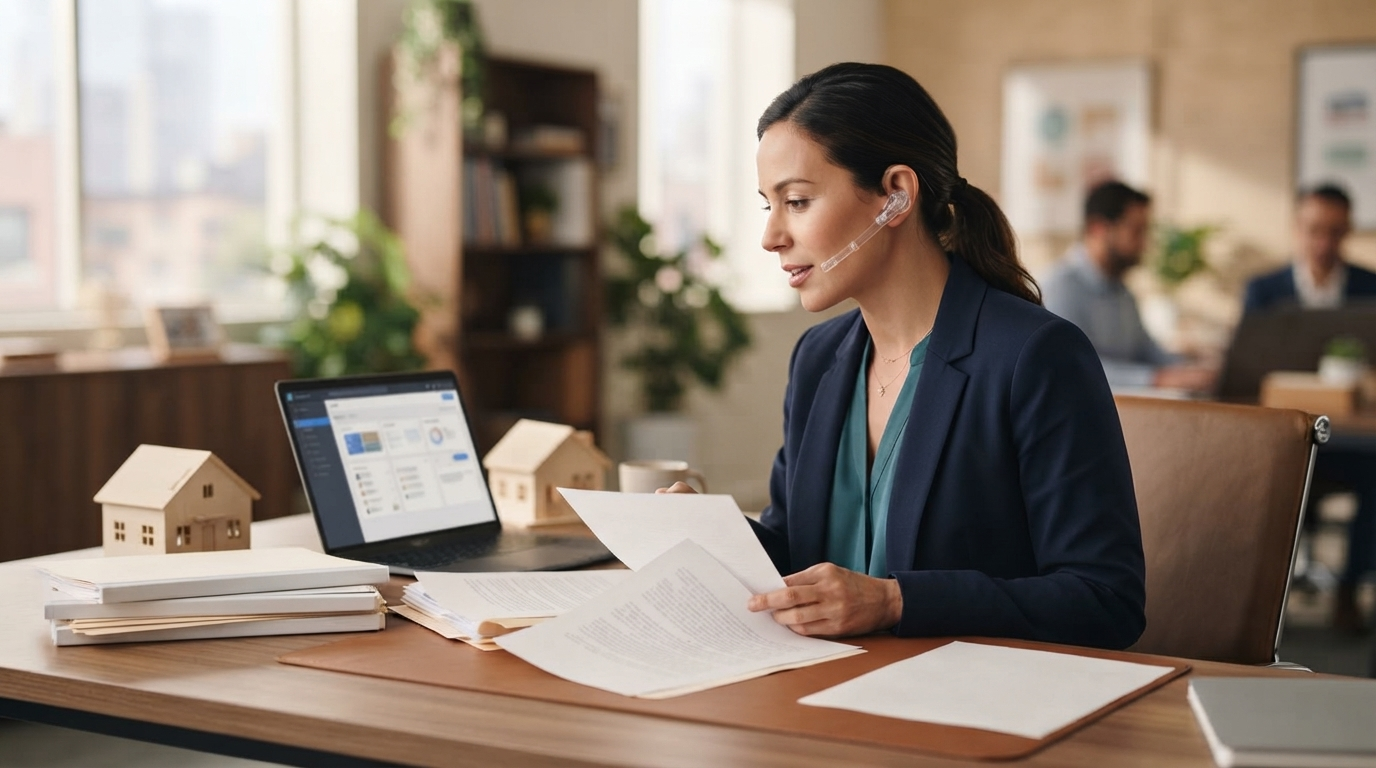 Mortgage broker using a headset microphone while reviewing a home loan file and CRM dashboard