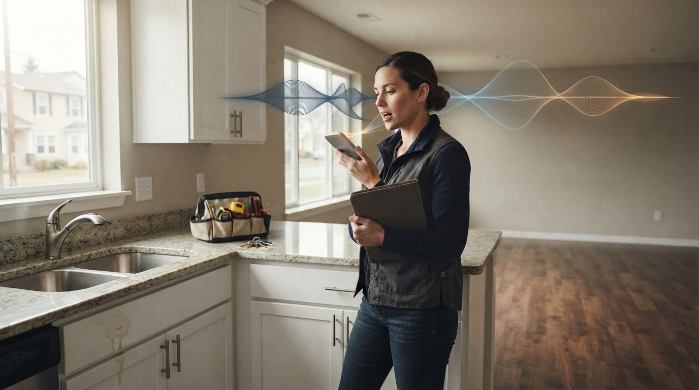 Property manager dictating inspection notes inside an apartment kitchen