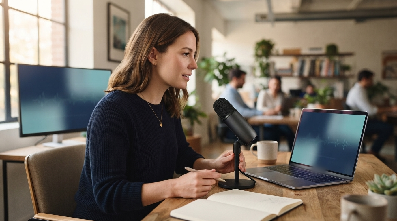 Recruiter using a microphone beside a laptop with abstract candidate workflow screens