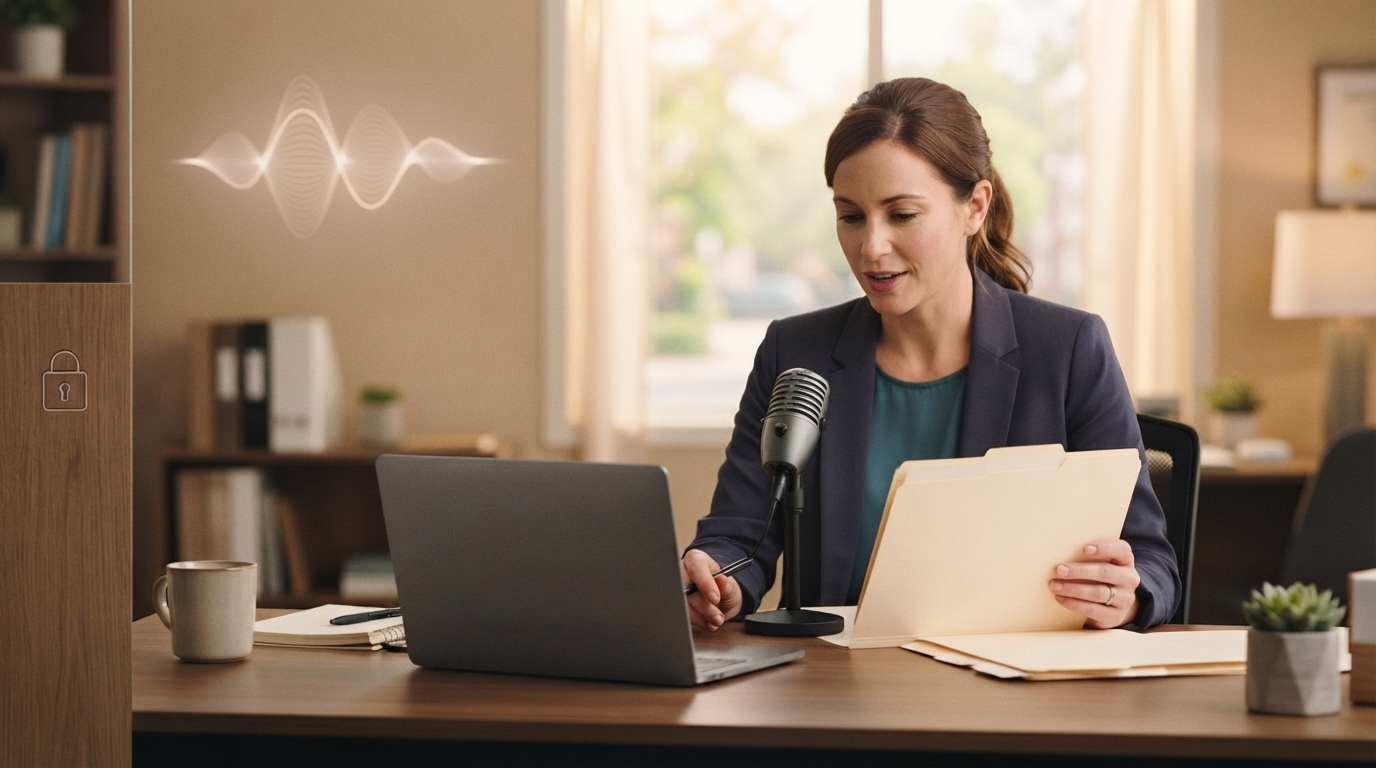 Social worker using controlled voice dictation while reviewing case notes