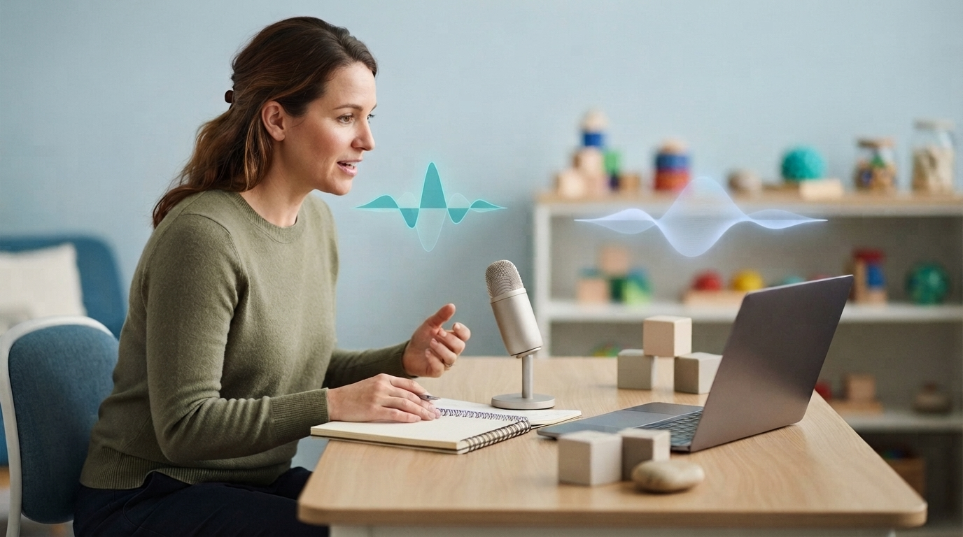 Speech therapist dictating a clinical note beside two distinct voice waveforms