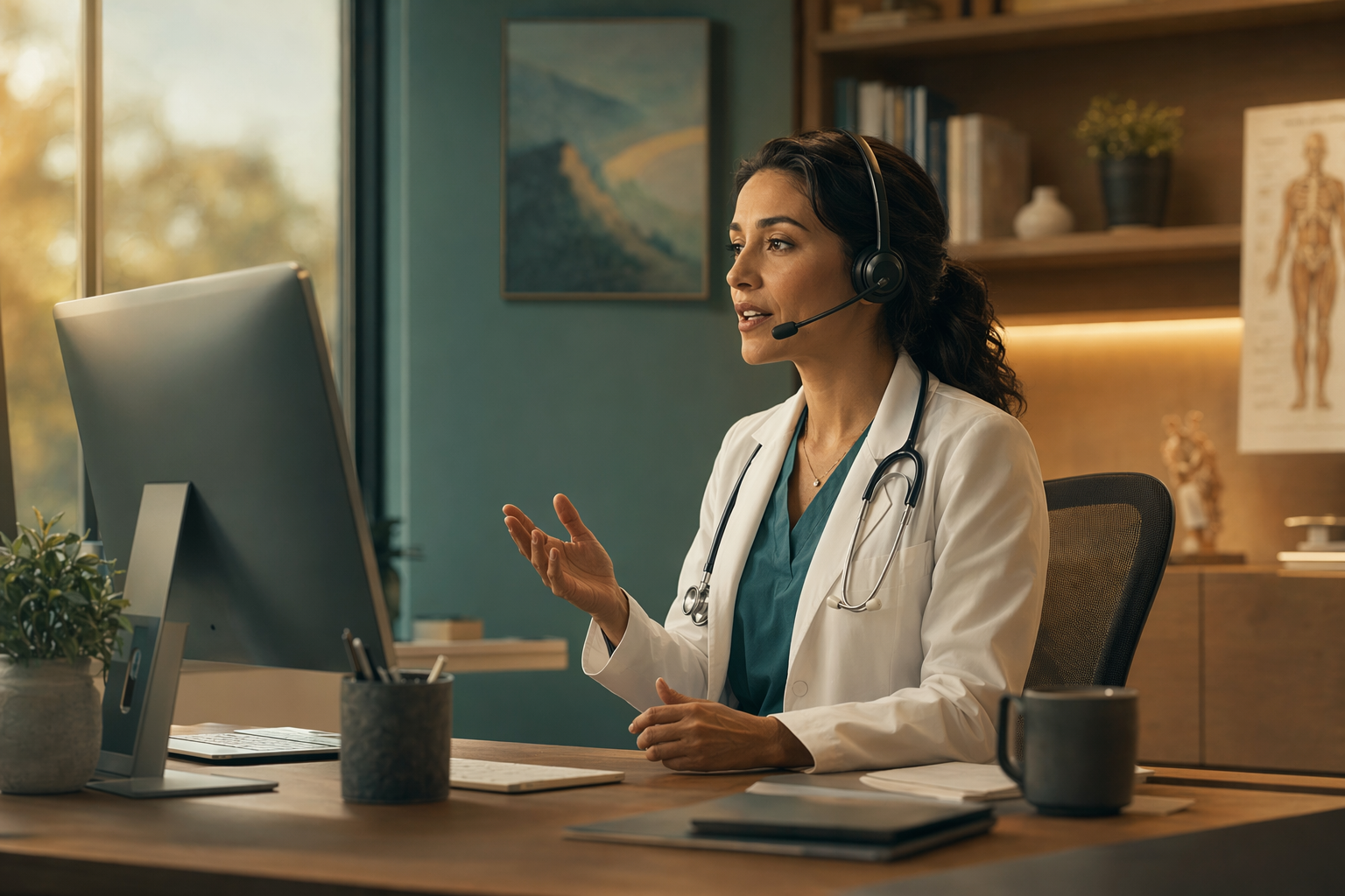 Modern medical office with clinician speaking into a headset as documentation appears on screen