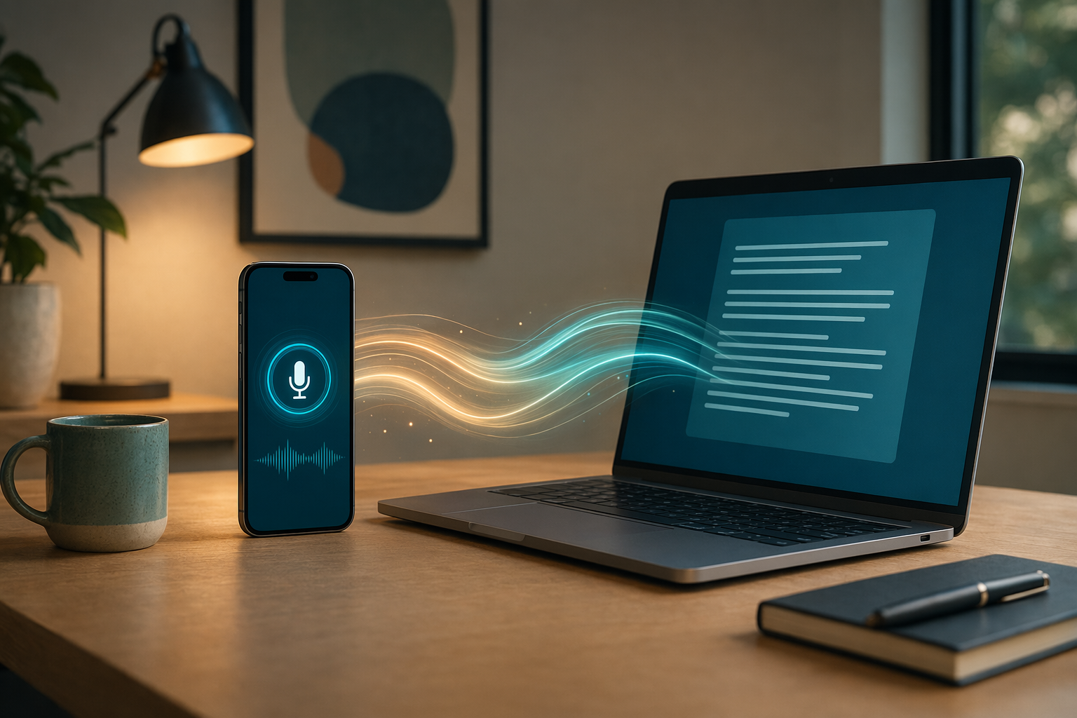 Phone dictation app beside a laptop in a dim home office