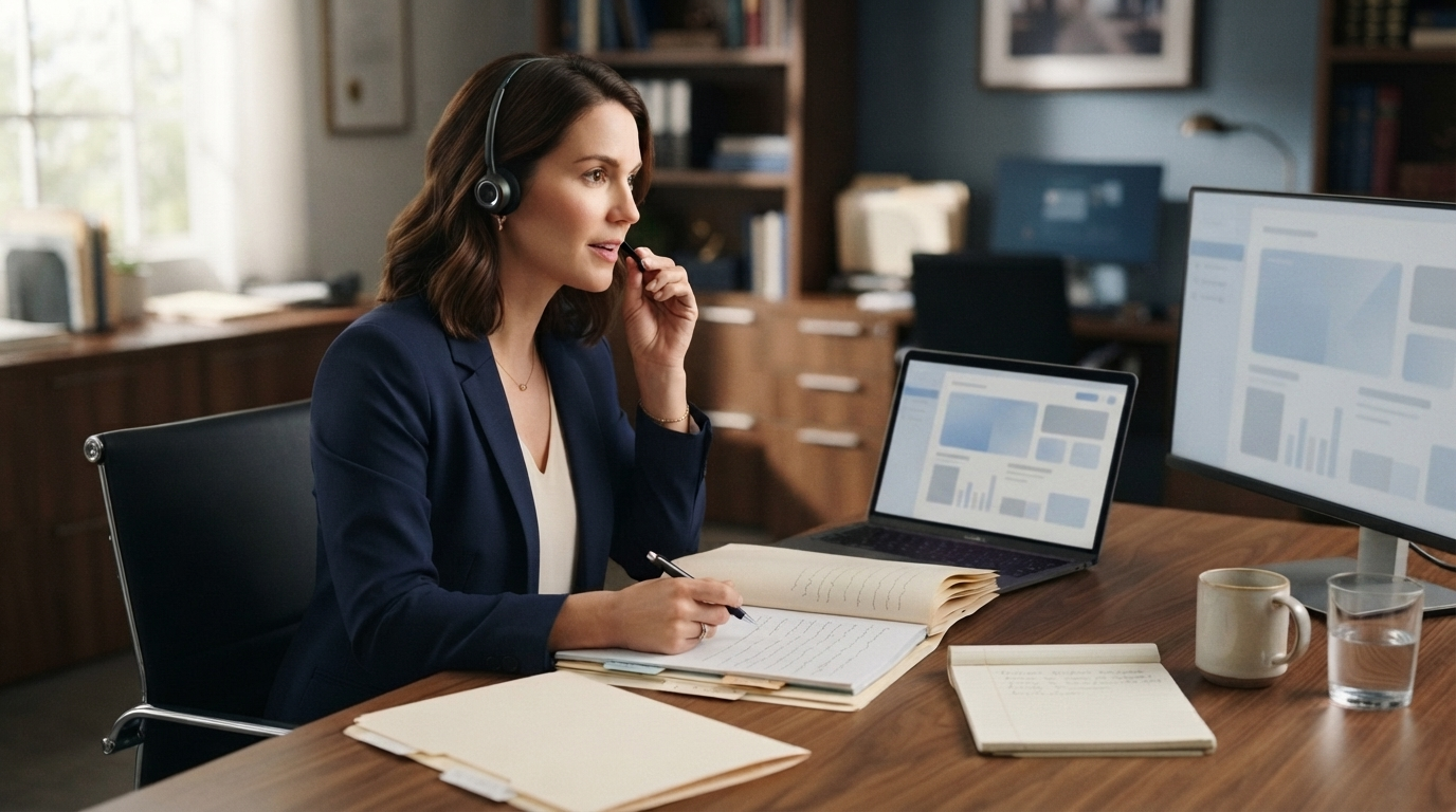 Paralegal using a headset microphone while reviewing case files across a laptop and remote desktop monitor