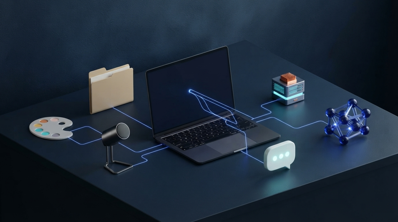 Laptop connected to six symbols for useful local AI apps